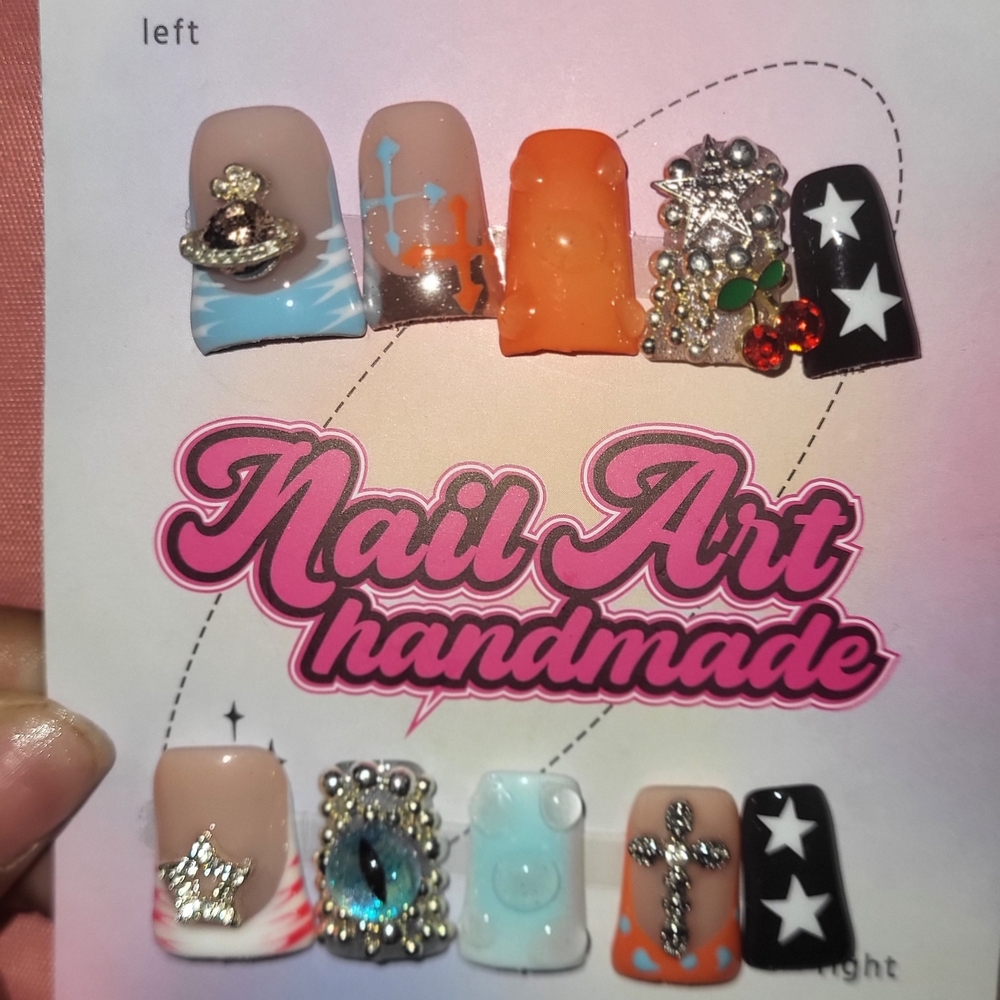 Handmade Nail Art Press-On Nails - Orange, Black, and Blue